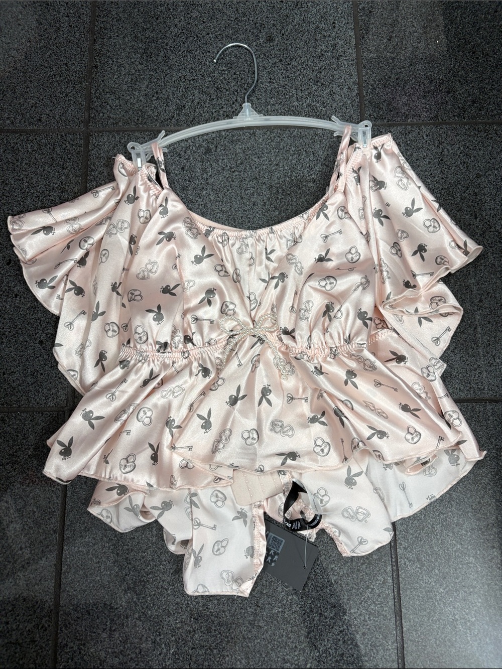 PLAYBOY Pale Pink Satin Floral & Bunny Ruffle Crop Top